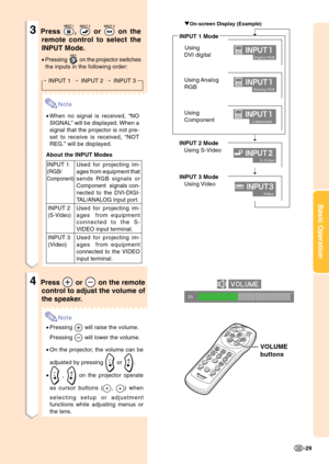 Page 33Basic Operation
-29
"On-screen Display (Example)➝
➝➝
Using Analog
RGB
Using
Component
INPUT 2 Mode
   Using S-Video
INPUT 3 Mode
   Using Video
3Press ,  or  on the
remote control to select the
INPUT Mode.
•Pressing  on the projector switches
the inputs in the following order:
INPUT 1INPUT 2INPUT 3
Note
•When no signal is received, “NO
SIGNAL” will be displayed. When a
signal that the projector is not pre-
set to receive is received, “NOT
REG.” will be displayed.
About the INPUT Modes
Used for...