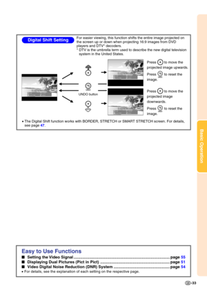 Page 37Basic Operation
-33
Easy to Use Functions
 Setting the  Video Signa l........................................................................\
............. .p ag e 55
  Displ ay ing Dual Pictures (Pict in Pict)  ............................................................. .p ag e 51
  Video Digital Noise Reduction (DNR) System  ................................................. .p ag e 54
•  For details, see the explanation of each setting on the respective page\
.
• The Digital Shift function works...