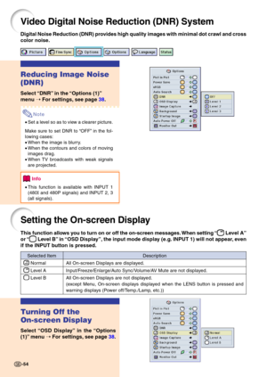 Page 5854
Video Digital Noise Reduction (DNR) System
Reducing Image Noise 
(DNR)
Select “DNR” in the “Options (1)” 
menu  ➝  For settings,  see p ag e  38 .
Note
•Set a level so as to view a clearer picture.
Make sure to set DNR to “OFF” in the fol- 
lowing cases: 
• When the image is blurry.
• When the contours and colors of moving 
images drag.
• When TV broadcasts with weak signals 
are projected.
Info
•This function is available with INPUT 1 
(480
I and 480P signals) and INPUT 2, 3
(all signals).
Digital...