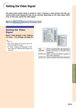 Page 59Easy to Use Functions
-55
Setting the Video Signal
Setting the Video 
Signal
Select “Video System ” in the  “Options
(1) ” me nu  ➝  For settings,  see pa ge  38 .
Note
•The video signal can only be set in IN- 
PUT 2 or INPUT 3 mode.
• In  “Auto ”, images are displayed in PAL
even if PAL-N or PAL-M input signals are
received.
When connected to PAL video equipment.
When connected to SECAM video
equipment. 
When reproducing NTSC signals in
PAL video equipment.
When connected to NTSC video equipment.
PA L...