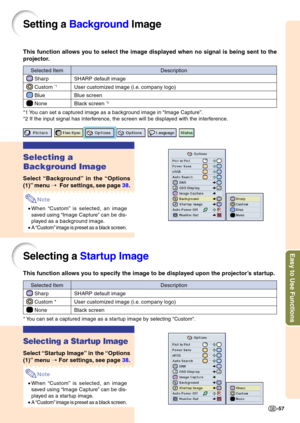 Page 61Easy to Use Functions
-57
Setting a Backg round  Imag e
This function allows you to select the image displayed when no signal is being sent to the
projector.
*1 You can set a captured image as a background image in  “Image Capture ”.
*2 If the input signal has interference, the screen will be displayed with the interference.
Selecting a
Background Image
Select  “Background ” in the  “Options
(1) ” me nu  ➝   For settings,  see p ag e  38 .
Note
•When  “Custom ”  is selected, an image
saved using  “Image...