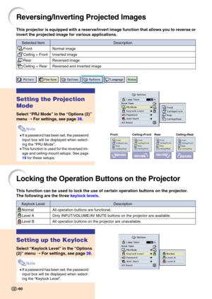 Page 64Reversing/Inverting Projected Images
This projector is equipped with a reserve/invert image function that all\
ows you to reverse or 
invert the projected image for various applications.
Setting the Projection 
Mode
Select “PRJ Mode ” in the  “Options (2) ”
menu  ➝ For settings, see page  3 8.
Note
• If a password has been set, the password 
input box will be displayed when select-
ing the  “PRJ Mode ”.
• This function is used for the reversed im-
age and ceiling-mount setups. See page 
19  for these...