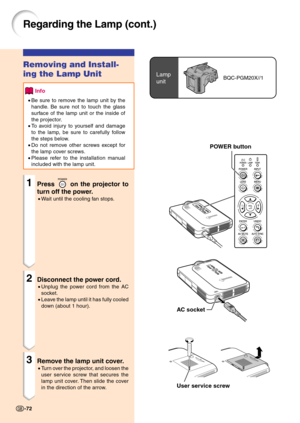 Page 75POWER button
Regarding the Lamp (cont.)
Removing and Install-
ing the Lamp Unit
Info
•Be sure to remove the lamp unit by the
handle. Be sure not to touch the glass
surface of the lamp unit or the inside of
the projector.
•To avoid injury to yourself and damage
to the lamp, be sure to carefully follow
the steps below.
•Do not remove other screws except for
the lamp cover screws.
•Please refer to the installation manual
included with the lamp unit.
1Press  on the projector to
turn off the power.
•Wait...