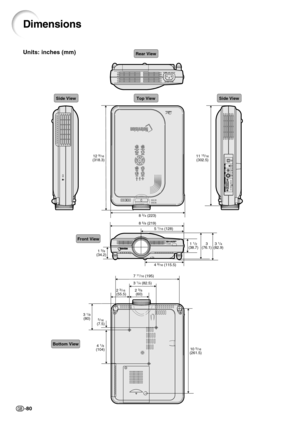Page 83-80
Side ViewSide ViewTop View
Rear View
Front View
Bottom View
11 15/16(302.5)
1 
1/2(38.7)
1 3/8(34.2)3 
1/4(82.9) 3
(76.1)
10 
5/16(261.5) 4 
1/8(104) 3 
1/8(80)5/16(7.5) 12 
9/16(318.3)
8 
5/8 (219)
5 1/16 (128)
4 
9/16 (115.5) 8 
3/4 (223)
7 
11/16 (195)
2 
3/8 
(60) 2 3/16 
(55.5)3 
1/4 (82.5)
Units: inches (mm)
Dimensions 