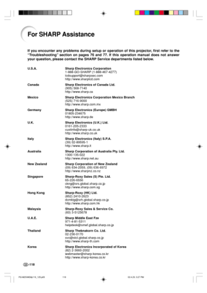 Page 122-118
For SHARP Assistance
If you encounter any problems during setup or operation of this projector, first refer to the
“Troubleshooting” section on pages 76 and 77. If this operation manual does not answer
your question, please contact the SHARP Service departments listed below.
U.S.A. Sharp Electronics Corporation
1-888-GO-SHARP (1-888-467-4277)
lcdsupport@sharpsec.com
http://www.sharplcd.com
Canada Sharp Electronics of Canada Ltd.
(905) 568-7140
http://www.sharp.ca
Mexico Sharp Electronics Corporation...