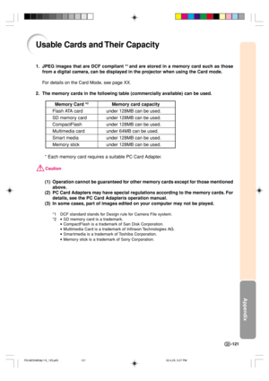 Page 125Appendix
-121
Usable Cards and Their Capacity
1. JPEG images that are DCF compliant *1 and are stored in a memory card such as those
from a digital camera, can be displayed in the projector when using the Card mode.
For details on the Card Mode, see page XX.
2. The memory cards in the following table (commercially available) can be used.
Memory Card *2Memory card capacity
Flash ATA card under 128MB can be used.
SD memory card under 128MB can be used.
CompactFlash under 128MB can be used.
Multimedia card...