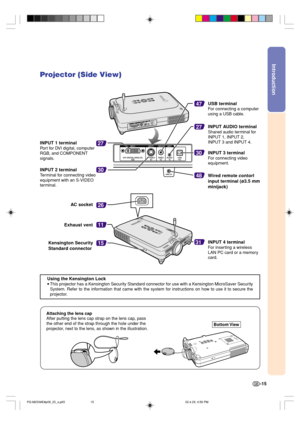 Page 19Introduction
-15
47
48
31
30
27
30
26
11
15
27
Projector (Side View)
Exhaust ventAC socket
Kensington Security
Standard connector
Using the Kensington Lock
•
This projector has a Kensington Security Standard connector for use with a Kensington MicroSaver Security
System. Refer to the information that came with the system for instructions on how to use it to secure the
projector.
Attaching the lens cap
After putting the lens cap strap on the lens cap, pass
the other end of the strap through the hole under...