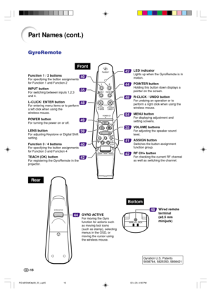 Page 20-16
GyroRemote
Part Names (cont.)
Gyration U.S. Patents
5698784, 5825350, 5898421
WIRE R/C JACK
42
44
54
35
41
42
40
35
48
49
38
42
40
48
44
Bottom
48
Front
Rear
Function 1 / 2 buttons
For specifying the button assignments
for Function 1 and Function 2
INPUT button
For switching between inputs 1,2,3
and 4.
L-CLICK/ ENTER button
For entering menu items or to perform
a left click when using the
wireless mouse.
POWER button
For turning the power on or off.
LENS button
For adjusting Keystone or Digital...