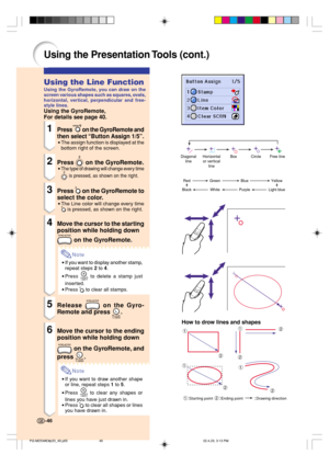 Page 50Using the Line Function
Using the GyroRemote, you can draw on the
screen various shapes such as squares, ovals,
horizontal, vertical, perpendicular and free-
style lines.
Using the GyroRemote,
For details see page 40.
1Presson the GyroRemote and
then select “Button Assign 1/5”.
•The assign function is displayed at the
bottom right of the screen.
2Press  on the GyroRemote.
•The type of drawing will change every time
 is pressed, as shown on the right.
3Press  on the GyroRemote to
select the color.
•The...