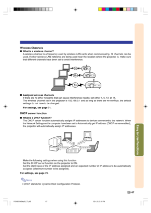 Page 71Easy to Use Functions
-67
Wireless Channels
What is a wireless channel?
A wireless channel is a frequency used by wireless LAN cards when communicating. 14 channels can be
used. If other wireless LAN networks are being used near the location where the projector is, make sure
that different channels have been set to avoid interference.
Assigned wireless channels
If there are no other networks that can cause interference nearby, set either 1, 6, 13, or 14.
The wireless channel set in the projector is...