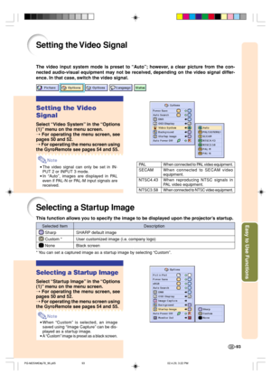 Page 97Easy to Use Functions
-93
Setting the Video Signal
Setting the Video
Signal
Select “Video System” in the “Options
(1)” menu on the menu screen.
➝ For operating the menu screen, see
pages 50 and 52.
➝ For operating the menu screen using
the GyroRemote see pages 54 and 55.
Note
•The video signal can only be set in IN-
PUT 2 or INPUT 3 mode.
•In “Auto”, images are displayed in PAL
even if PAL-N or PAL-M input signals are
received.When connected to PAL video equipment.
When connected to SECAM...