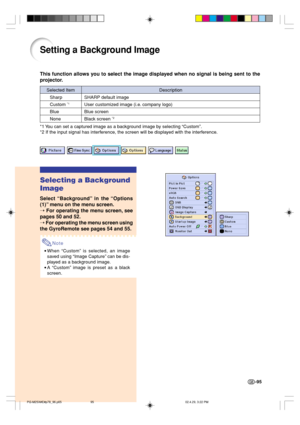 Page 99Setting a Background Image
This function allows you to select the image displayed when no signal is being sent to the
projector.
*1 You can set a captured image as a background image by selecting “Custom”.
*2 If the input signal has interference, the screen will be displayed with the interference.
Selecting a Background
Image
Select “Background” in the “Options
(1)” menu on the menu screen.
➝ For operating the menu screen, see
pages 50 and 52.
➝ For operating the menu screen using
the GyroRemote see...