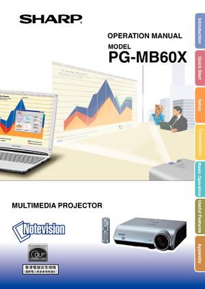 Page 1MULTIMEDIA PROJECTOR
MODEL
PG-MB60X
OPERATION MANUAL
Introduction
Quick Start
Setup
Connections
Basic Operation
Useful Features
Appendix 