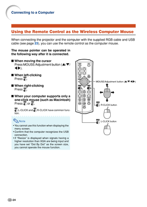 Page 28-24
Connecting to a Computer
Using the Remote Control as the Wireless Computer Mouse
When connecting the projector and the computer with the supplied RGB cable and USB
cable (see page 23), you can use the remote control as the computer mouse.
MOUSE/Adjustment button ('/"/\/|)
R-CLICK button
L-CLICK button
The mouse pointer can be operated in
the following way after it is connected.
■When moving the cursor
Press MOUSE/Adjustment button ('/"/
\/|).
■When left-clicking
Press 
.
■When...