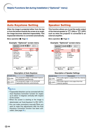 Page 60-56
Auto Keystone Setting
When the image is projected either from the top
or from the bottom towards the screen at an angle,
the image becomes distorted trapezoidally. This
trapezoidal distortion is corrected automatically.
Menu operation  Page 42
Example: “Options2” screen menu
Description of Auto Keystone
Note
•Trapezoidal distortion can be corrected with the
Auto Keystone Correction function for angles
up to about 12 degrees vertically with respect
to the screen.
•When the screen is slanting or the...