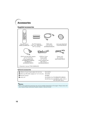 Page 1210
Accessories
Remote control
RRMCGA398WJSATwo R-6 batteries
 (“AA” size, UM/SUM-3,
HP-7 or similar)RGB cable
(10' (3.0 m))
QCNWGA045WJPZ
• Operation manual (TINS-C690WJZZ)
Optional accessories
3 RCA to 15-pin D-sub cable (10n (3.0 m))
DIN-D-sub RS-232C adaptor (5 57/64o (15 cm))
Remote receiver
Lamp unit
AN-C3CP2
AN-A1RS
AN-MR2
AN-XR20L2 (for PG-MB66X/PG-MB56X)
AN-XR10L2 (for XG-MB50X-L/XR-11XC-L/
XR-10X-L/XR-10S-L)
Supplied accessories
Power cord
(6' (1.8 m))
QACCDA007WJPZ
• Some of the...