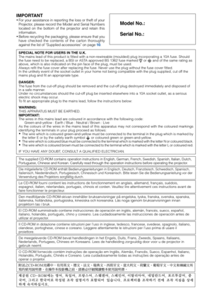 Page 2IMPORTANT
•For your assistance in reporting the loss or theft of your
Projector, please record the Model and Serial Numbers
located on the bottom of the projector and retain this
information.
•Before recycling the packaging, please ensure that you
have checked the contents of the carton thoroughly
against the list of “Supplied accessories” on page 10.Model No.:
Serial No.:
SPECIAL NOTE FOR USERS IN THE U.K.
The mains lead of this product is fitted with a non-rewireable (moulded) plug incorporating a 10A...