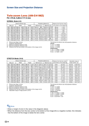 Page 8-8
Tele-zoom Lens (AN-C41MZ)
F2.1-F2.8, f=83.5-117.2 mm
NORMAL Mode (4:3)
The formula for picture size and projection distance
[m/cm]
L1 (m) = 0.10484
χL2 (m) = 0.14725χH (cm) = –0.1524χ[Feet/inches]
L1 (ft) = 0.10484χ / 0.3048
L2 (ft) = 0.14725χ / 0.3048
H (in) = –0.1524χ / 2.54
χ
: Picture size (diag.) (in/cm)
L: Projection distance(m/ft)
L1: Minimum projection distance (m/ft)
L2: Maximum projection distance (m/ft)
H: Distance from the lens center to the bottom of the image (cm/in)
The formula for...