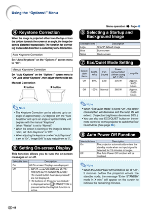 Page 50-48
Using the “Options1” Menu
Menu operation  Page 42
4 44 4
4
Keystone Correction
When the image is projected either from the top or from
the bottom towards the screen at an angle, the image be-
comes distorted trapezoidally. The function for correct-
ing trapezoidal distortion is called Keystone Correction.
Auto Keystone Correction
Set “Auto Keystone” on the “Options1” screen menu
to “On”.
Manual Keystone Correction
Set “Auto Keystone” on the “Options1” screen menu to
“Off”, and select “Keystone”, then...
