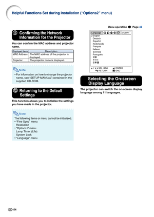 Page 56-54
q qq q
qConfirming the Network
Information for the Projector
You can confirm the MAC address and projector
name.
w ww w
wReturning to the Default
Settings
This function allows you to initialize the settings
you have made in the projector.
Displayed itemsMAC Address
ProjectorDescription
The MAC address of the projector is
displayed.
The projector name is displayed.
Note
•For information on how to change the projector
name, see “SETUP MANUAL” contained in the
supplied CD-ROM.
Note
The following items...