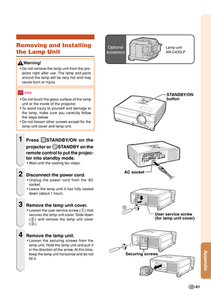 Page 63-61
Appendix
Securing screws
Optional
accessoryLamp unit
AN-C430LPRemoving and Installing
the Lamp Unit
Warning!
•Do not remove the lamp unit from the pro-
jector right after use. The lamp and parts
around the lamp will be very hot and may
cause burn or injury.
Info
•Do not touch the glass surface of the lamp
unit or the inside of the projector.
•To avoid injury to yourself and damage to
the lamp, make sure you carefully follow
the steps below.
•Do not loosen other screws except for the
lamp unit cover...