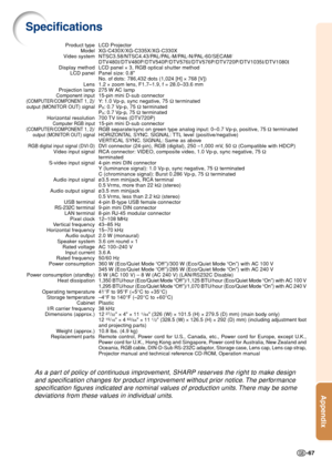 Page 69-67
Appendix
Specifications
LCD Projector
XG-C430X/XG-C335X/XG-C330X
NTSC3.58/NTSC4.43/PAL/PAL-M/PAL-N/PAL-60/SECAM/
DTV480I/DTV480P/DTV540P/DTV576 I/DTV576P/DTV720P/DTV1035 I/DTV1080 I
LCD panel  × 3, RGB optical shutter method
Panel size: 0.8
No. of dots:  786,432 dots (1,024 [H]  × 768 [V])
1.2  × zoom lens, F1.7–1.9, f = 28.0–33.6 mm
275 W AC lamp
15-pin mini D-sub connector
Y:  1.0 Vp-p, sync negative, 75  Ω terminated
P
B: 0.7 Vp-p, 75  Ω terminated
PR:  0.7 Vp-p, 75  Ω terminated
700 TV lines...