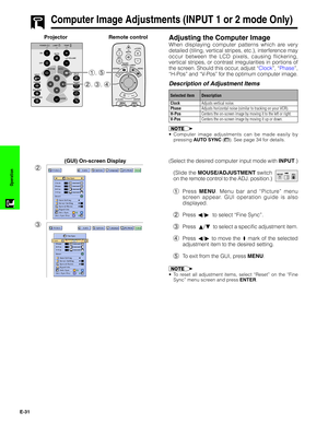 Page 32E-31
Operation
Computer Image Adjustments (INPUT 1 or 2 mode Only)
Adjusting the Computer Image
When displaying computer patterns which are very
detailed (tiling, vertical stripes, etc.), interference may
occur between the LCD pixels, causing flickering,
vertical stripes, or contrast irregularities in portions of
the screen. Should this occur, adjust “Clock”, “Phase”,
“H-Pos” and “V-Pos” for the optimum computer image.
•Computer image adjustments can be made easily by
pressing AUTO SYNC (
). See page 34...