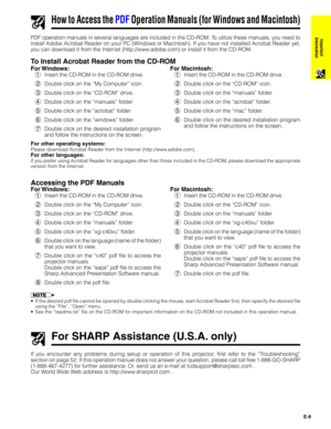 Page 9E-8
Important
Information
How to Access the PDF Operation Manuals (for Windows and Macintosh)
PDF operation manuals in several languages are included in the CD-ROM. To utilize these manuals, you need to
install Adobe Acrobat Reader on your PC (Windows or Macintosh). If you have not installed Acrobat Reader yet,
you can download it from the Internet (http://www.adobe.com) or install it from the CD-ROM.
To Install Acrobat Reader from the CD-ROM
For Windows:
1Insert the CD-ROM in the CD-ROM drive.
2Double...