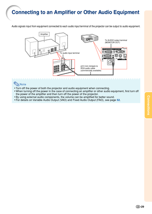 Page 31-29
Connections
Amplifier
To AUDIO output terminal 
(MONITOR OUT)
To audio input terminal
ø3.5 mm minijack to 
RCA audio cable
(commercially available)
Audio signals input from equipment connected to each audio input terminal of the projector can be output to audio equipment.
Note
•Turn off the power of both the projector and audio equipment when connecting.
•When turning off the power in the case of connecting an amplifier or other audio equipment, first turn off
the power of the amplifier and then turn...