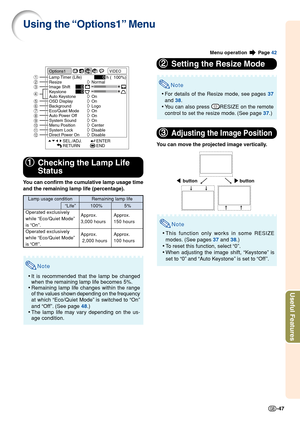 Page 49-47
Useful Features
Options1
Lamp Timer (Life)
Resize
Image Shift
Keystone
A uto Keystone
OSD Display
Background
Eco/Quiet Mode
A uto Power Off
System Sound
Menu Position
System Lock
Direct Power On
h ( 100%)
VIDEO
Normal
On
On
Logo
On
On
On
Center
Disable
Disable
SEL./ADJ.
RETURN ENTER
END0
0
0
Using the “Options1” Menu
Menu operation   Page  42
1
2
3
4
5
6
7
8
9
0
q
w
1
1 1
1
1
Checking the Lamp Life
Status
You can confirm the cumulative lamp usage time
and the remaining lamp life (percentage).
Lamp...