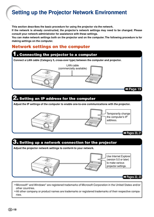 Page 18-18
Page 19
1.Connecting the projector to a computer
Setting up the Projector Network Environment
This section describes the basic procedure for using the projector via the network.
If the network is already constructed, the projector’s network settings may need to be changed. Please
consult your network administrator for assistance with these settings.
You can make network settings both on the projector and on the computer. The following procedure is for
making settings on the computer.
Network settings...