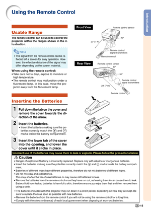 Page 17-15
IntroductionUsing the Remote Control
Inserting the Batteries
1Pull down the tab on the cover and
remove the cover towards the di-
rection of the arrow.
2Insert the batteries.
•Insert the batteries making sure the po-
larities correctly match the 
 and 
marks inside the battery compartment.
3Insert the lower tab of the cover
into the opening, and lower the
cover until it clicks in place.
Incorrect use of the batteries may cause them to leak or explode. Please follow the precautions below.
 Caution
•...