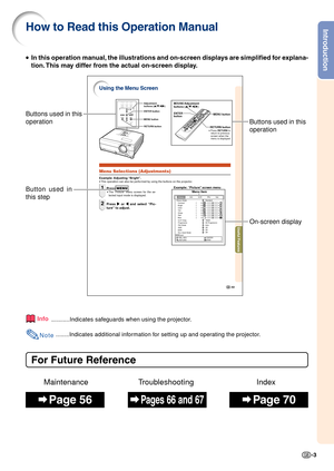 Page 5-3
Introduction
-43
Useful Features
Using the Menu Screen
Menu Selections (Adjustments)Example: Adjusting “Bright”.•This operation can also be performed by using the buttons on the projector.
MENU button
MOUSE/Adjustment 
buttons ('/"/\
/|)
RETURN buttonENTER
button
• Press RETURN to return to previous 
screen when the 
menu is displayed
Adjustment 
buttons ('/"/\/|)
MENU button ENTER button
RETURN button
Example: “Picture” screen menu1Press 
MENU.•The “Picture” menu screen for the se-...