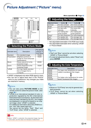 Page 47-45
Useful Features
Menu operation  Page 43
11 11
1Selecting the Picture Mode
Picture Adjustment (“Picture” menu)
• “sRGB” is displayed only when RGB signal is input.
• You can set or adjust each item in the “Picture”
menu to your preference. Any changes you make
are retained in memory.
Note
• You can also press  PICTURE MODE on the
remote control to select the picture mode. (See
page  36.)
• *sRGB is an international standard of color re-
production regulated by the IEC (International
Electrotechnical...