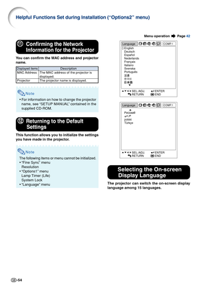 Page 56-54
q
q q
q
qConfirming the Network
Information for the Projector
Y ou can confirm the MAC  address and projector
name.
w
w w
w
wReturning to the Default
Settings
This function allows you to initialize the settings
y ou have made in the projector.
Displayed itemsMAC Address
Projector Description
The MAC address of the projector is
displayed.
The projector name is displayed.
Note
• For information on how to change the projector
name, see “SETUP MANUAL” contained in the
supplied CD-ROM.
Note
The following...