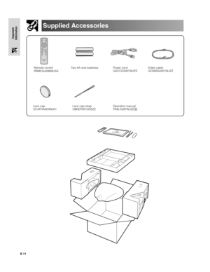 Page 12E-11
Important
Information
Supplied Accessories
Power cord
QACCDA007WJPZ Remote control
RRMCGA088WJSATwo AA size batteriesVideo cable
QCNWGA001WJZZ
Operation manual
TINS-A287WJZZA Lens cap
CCAPHA004WJ01
Lens cap strap
UBNDT0013CEZZ
DT-200(E)#p08_11.pm602.11.21, 11:29 AM 11 