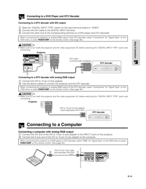 Page 15E-14
Setup & Connections
Connecting a computer with analog RGB output
1Connect the DVI end of the DVI to 15-pin D-sub adapter to the INPUT 2 port on the projector.
2Connect the D-sub end of the DVI to 15-pin D-sub adapter to the computer.
When connecting this projector to a DVD player or DTV decoder, select “RGB” for “Signal Type” on the OSD menu or press
RGB/COMP. on the remote control. (See page 36.)
Connecting to a Computer
DVI to D-sub 15-pin cable
(sold separately AN-A1DV)1 2
Connecting to a DVD...