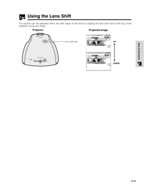 Page 19E-18
Setup & ConnectionsLens shift dialUP
DOWN
The picture can be adjusted within the shift range of the lens by rotating the lens shift dial on the top of the
projector using your finger.
Using the Lens Shift
Projector
Projected Image
DT-200(E)#p15_21.p6502.11.21, 11:30 AM 18   