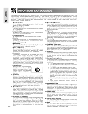 Page 4E-3
Important
Information
IMPORTANT SAFEGUARDS
Electrical energy can perform many useful functions. This product has been engineered and manufactured to ensure your
personal safety. However IMPROPER USE CAN RESULT IN POTENTIAL ELECTRICAL SHOCK OR FIRE HAZARD. In order
not to defeat the safeguards incorporated into this Projector, observe the following basic rules for its installation, use and
servicing. For your own protection and reliable usage of your Projector, please be sure to read these “IMPORTANT...
