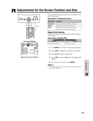 Page 39E-38
Basic Operation
Adjustments for the Screen Position and Size
On-screen DisplayYou can adjust settings according to the position and
size of the screen.
Description of Adjustment Items
Digital Shift Setting
This function allows you to adjust the vertical position
of the image.
Description of Digital Shift
1Press MENU. The “Picture” menu screen appears.
2Press 
/ to display the “Options” menu screen.
3Press 
/ to select “Digital Shift”.
4Press 
/ to move the  mark of the Digital Shift
setting.
5To...