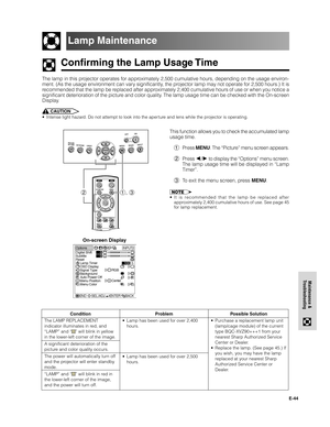 Page 45E-44
Maintenance &
Troubleshooting
Confirming the Lamp Usage Time
Lamp Maintenance
The lamp in this projector operates for approximately 2,500 cumulative hours, depending on the usage environ-
ment. (As the usage environment can vary significantly, the projector lamp may not operate for 2,500 hours.) It is
recommended that the lamp be replaced after approximately 2,400 cumulative hours of use or when you notice a
significant deterioration of the picture and color quality. The lamp usage time can be...