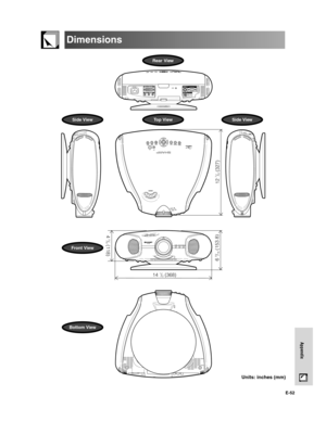 Page 53E-52
Appendix
12 
7/8 (327)
6 9/16 (153.8)
4 5/8 (118)
14 1/2 (368)
Dimensions
Units: inches (mm)
Front View
Bottom View
Side ViewTop ViewSide View
Rear View
DT-200(E)#p50_59.p6502.11.21, 11:45 AM 52 