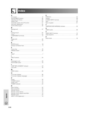 Page 56E-55
Appendix
Index
A
AC socket .......................................................................... 12
ADJUSTMENT buttons ...................................................... 26
Adjusting the Picture ......................................................... 29
Aspect ratio ....................................................................... 24
Automatic power shut-off function .................................... 41
Auto sync adjustment ..........................................................