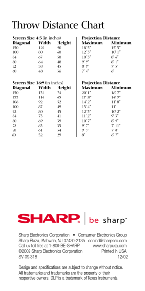 Page 2Sharp Electronics Corporation  •  Consumer Electronics Group
Sharp Plaza, Mahwah, NJ 07430-2135  conlcd@sharpsec.com
Call us toll free at 1-800-BE-SHARP        www.sharpusa.com
©2002 Sharp Electronics Corporation             Printed in USA
SV-09-318 12/02
Design and specifications are subject to change without notice.
All trademarks and trademarks are the property of their 
respective owners. DLP is a trademark of Texas Instruments.
Throw Distance Chart
Screen Size 4:3 (in inches) Projection Distance...