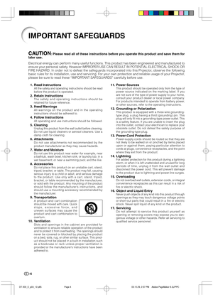 Page 5-41. Read Instructions
All the safety and operating instructions should be read
before the product is operated.
2. Retain InstructionsThe safety and operating instructions should be
retained for future reference.
3. Heed WarningsAll warnings on the product and in the operating
instructions should be adhered to.
4. Follow InstructionsAll operating and use instructions should be followed.
5. CleaningUnplug this product from the wall outlet before cleaning.
Do not use liquid cleaners or aerosol cleaners....
