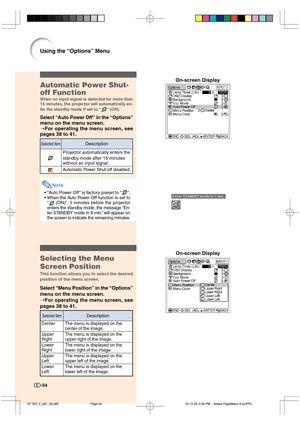 Page 55-54-54
Using the “Options” Menu
Selecting the Menu
Screen Position
This function allows you to select the desired
position of the menu screen.
Select “Menu Position” in the “Options”
menu on the menu screen.
➝For operating the menu screen, see
pages 38 to 41.On-screen Display
Center
Upper
Right
Lower
Right
Upper
Left
Lower
Left
Selected Item
The menu is displayed on thecenter of the image.
The menu is displayed on the
upper right of the image.
The menu is displayed on the
lower right of the image.
The...