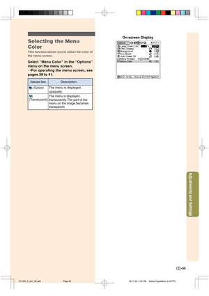 Page 56-55
Adjustments and Settings
Selecting the Menu
Color
This function allows you to select the color of
the menu screen.
Select “Menu Color” in the “Options”
menu on the menu screen.
➝For operating the menu screen, see
pages 38 to 41.On-screen Display
The menu is displayed
opaquely.
The menu is displayed
translucently. The part of the
menu on the image becomes
transparent.
 (Opaque)
(Translucent)
Selected ItemDescription
%5@&@Q@Q03.10.29, 2:46 PM Page 55EPCF1BHF.BLFS+11$ 