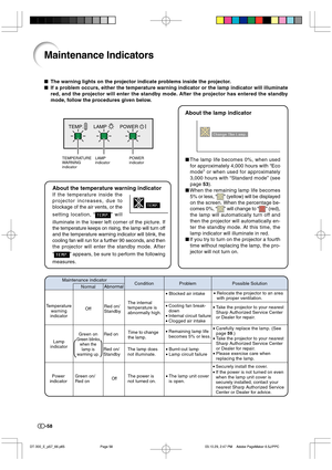 Page 59-58
Maintenance Indicators
The warning lights on the projector indicate problems inside the projector.
If a problem occurs, either the temperature warning indicator or the lamp indicator will illuminate
red, and the projector will enter the standby mode. After the projector has entered the standby
mode, follow the procedures given below.
TEMPERATURE
WARNING
indicatorPOWER
indicator LAMP
indicator
TEMP. LAMP POWER
About the temperature warning indicator
If the temperature inside the
projector increases,...