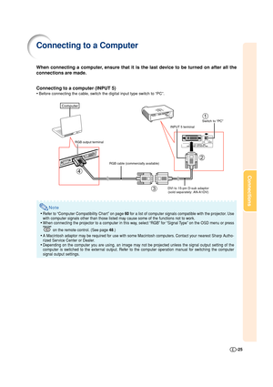 Page 25-25
Connections
Connecting to a Computer
Connecting to a computer (INPUT 5)
•Before connecting the cable, switch the digital input type switch to “PC”.
RGB output terminalINPUT 5 terminal
RGB cable (commercially available)
DVI to 15-pin D-sub adaptor
(sold separately: AN-A1DV)
Computer
4
32
Switch to “PC”1
Note
•Refer to “Computer Compatibility Chart” on page 60 for a list of computer signals compatible with the projector. Use
with computer signals other than those listed may cause some of the functions...