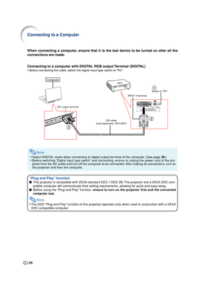 Page 26-26
Connecting to a computer with DIGITAL RGB output Terminal (DIGITAL)
•Before connecting the cable, switch the digital input type switch to “PC”.
INPUT 5 terminal
DVI output terminal
DVI cable
(sold separately: AN-C3DV)
Switch to “PC”
Computer
2
31
Note
•Select DIGITAL mode when connecting to digital output terminal of the computer. (See page 29.)
•Before switching “Digital input type switch” and connecting, ensure to unplug the power cord of the pro-
jector from the AC outlet and turn off the computer...